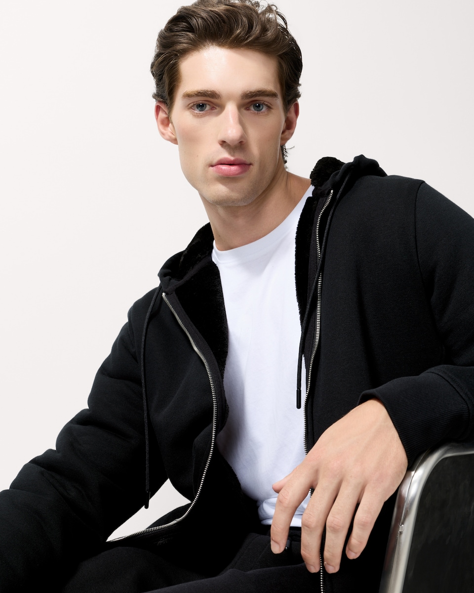 image 1 of F&F Cotton Rich Faux Fur Lined Zip Up Hoodie in Black