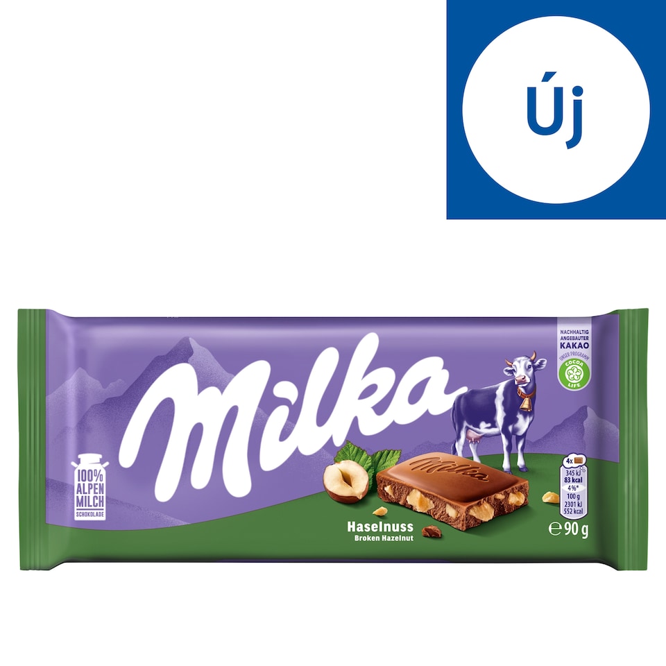 Milka alpesi tej felhasználásával készült tejcsokoládé törtmogyoróval 90 g