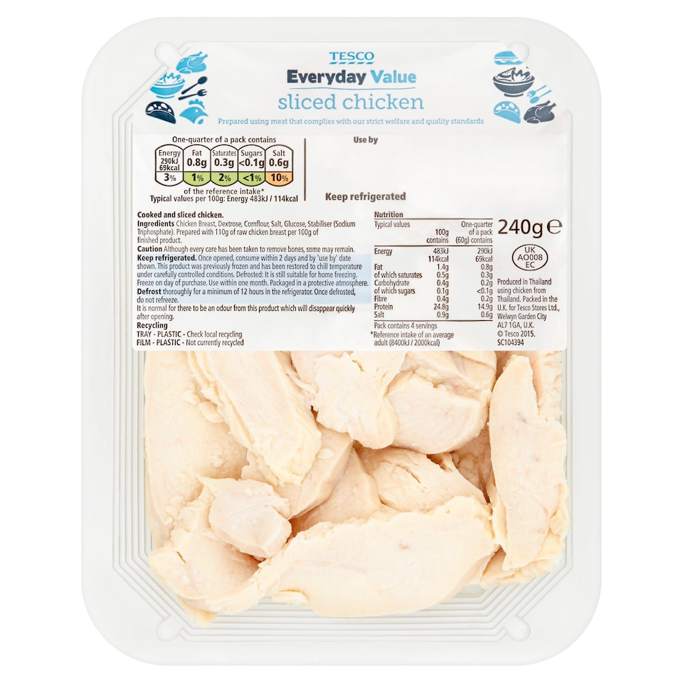 Tesco Everyday Value Sliced Cooked Chicken 240G