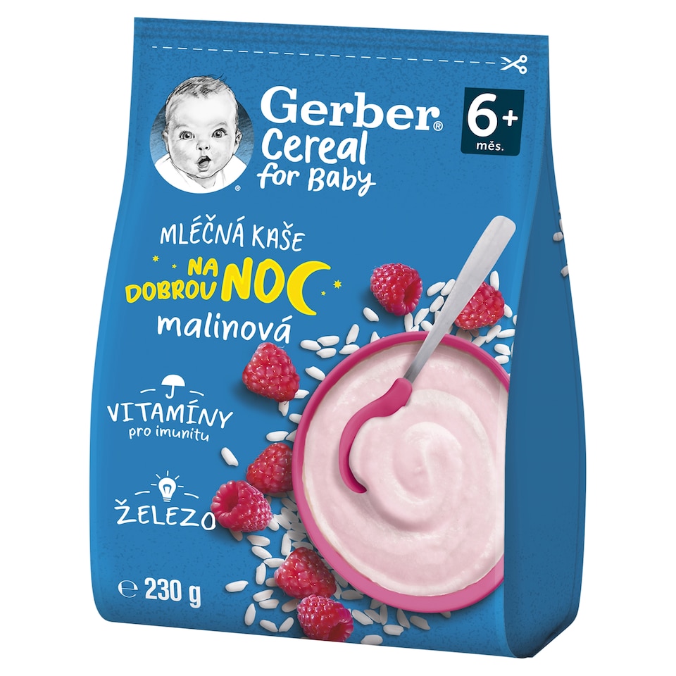 obrázok 1 z GERBER Cereal mliečna kaša malinová Dobrú noc 230 g