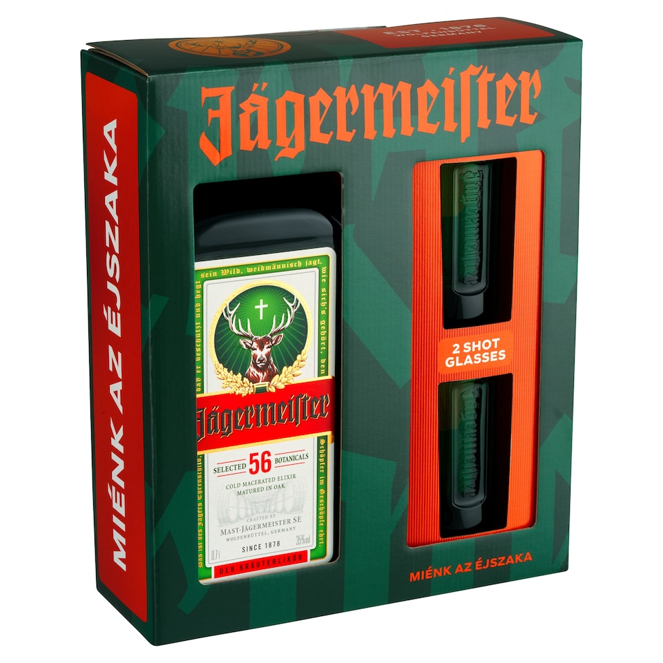 Jägermeister gyógynövénylikőr díszdobozban 2 db 4 cl-es pohárral 35% 0,7 l  1. kép