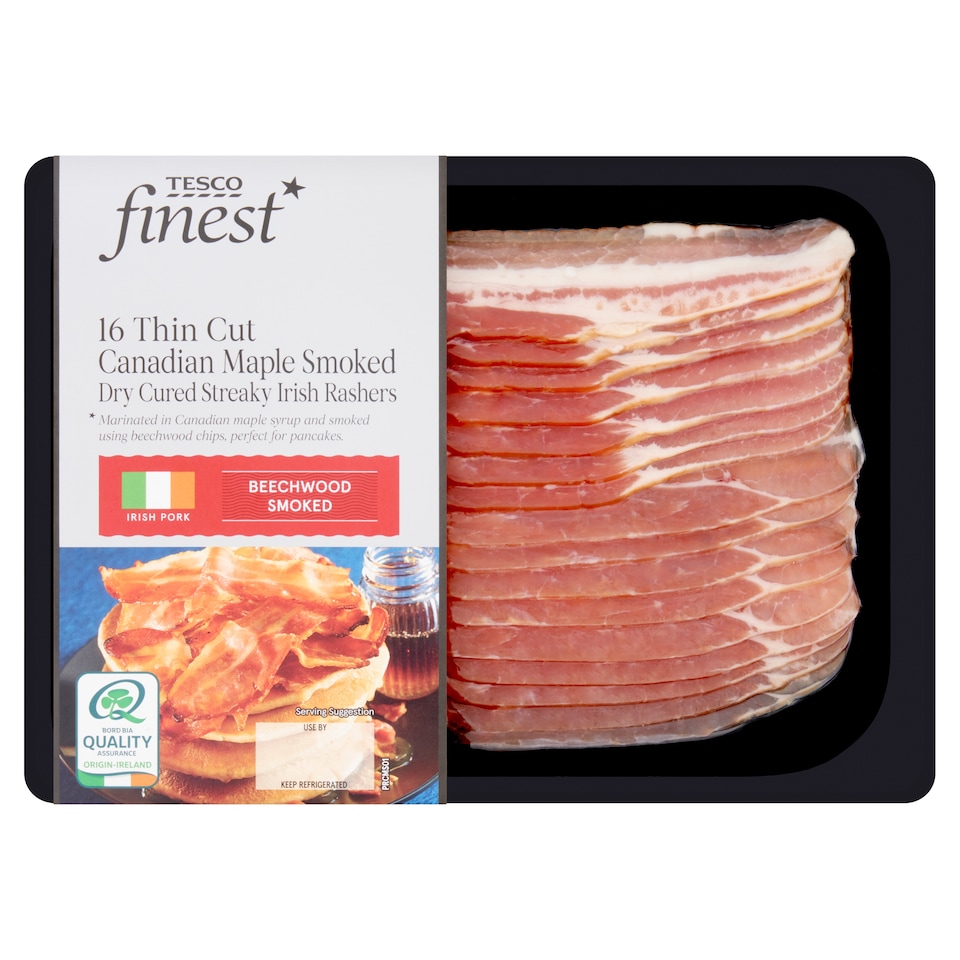 Tesco Finest 16 Thin Cut Canadian Maple Smoked Dry Cured Streaky Irish Rashers 240g