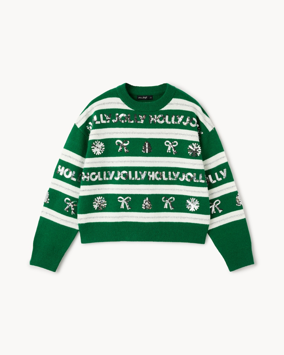 image 1 of Christmas Striped Sequin Embellished Christmas Jumper in Green
