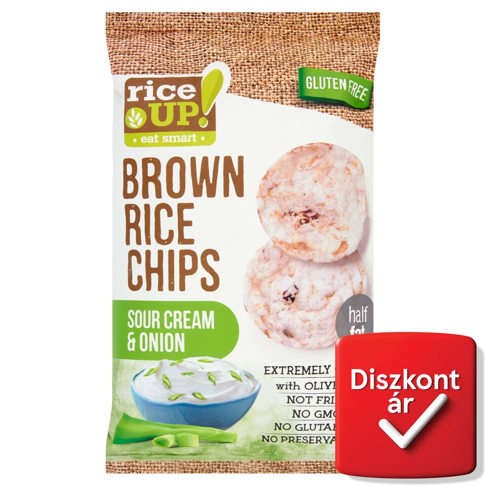 RiceUp! Eat Smart teljes kiőrlésű barna rizs chips hagymás-tejfölös ízesítéssel 60 g  1. kép