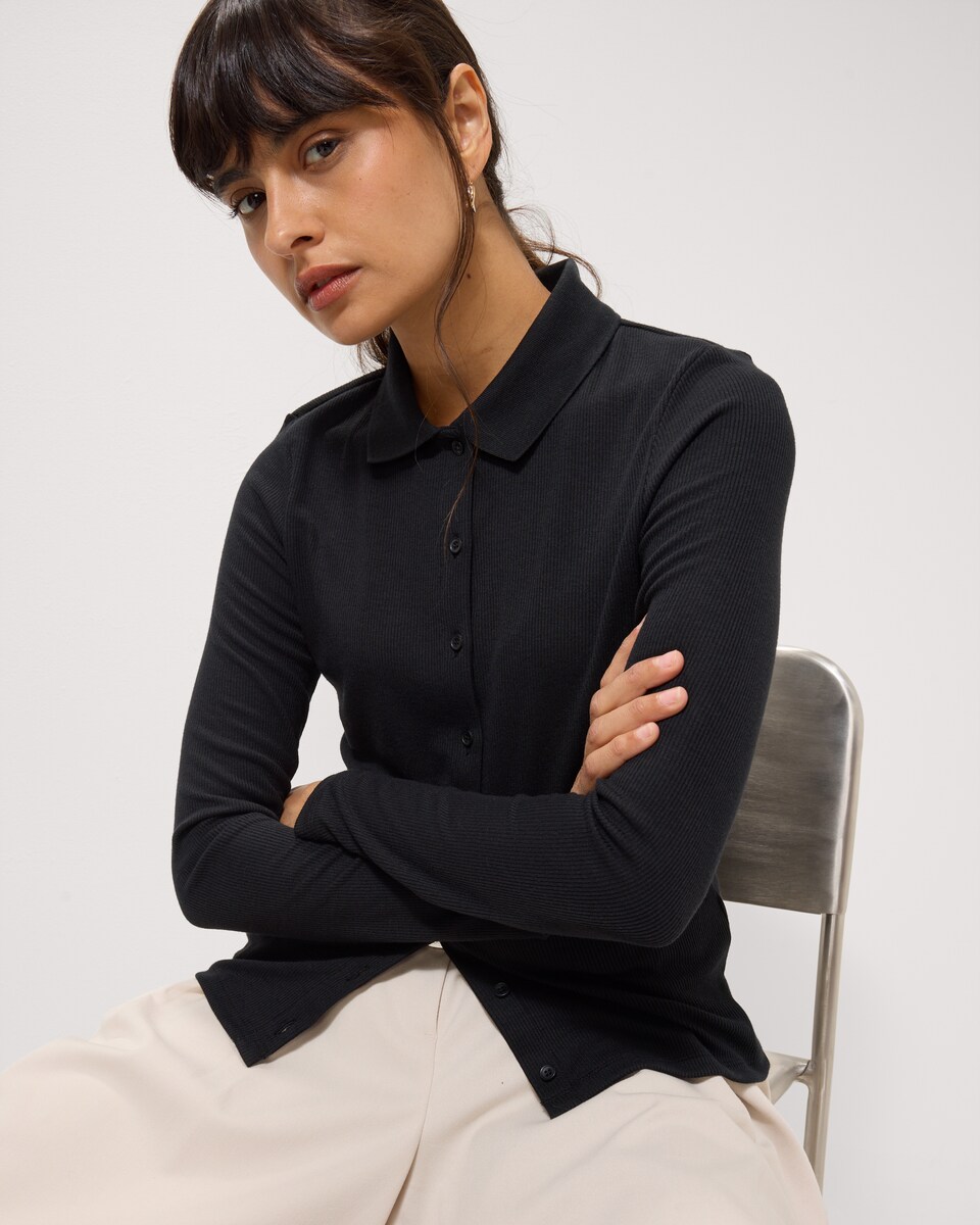 image 1 of F&F Ribbed Button Through Top in Black