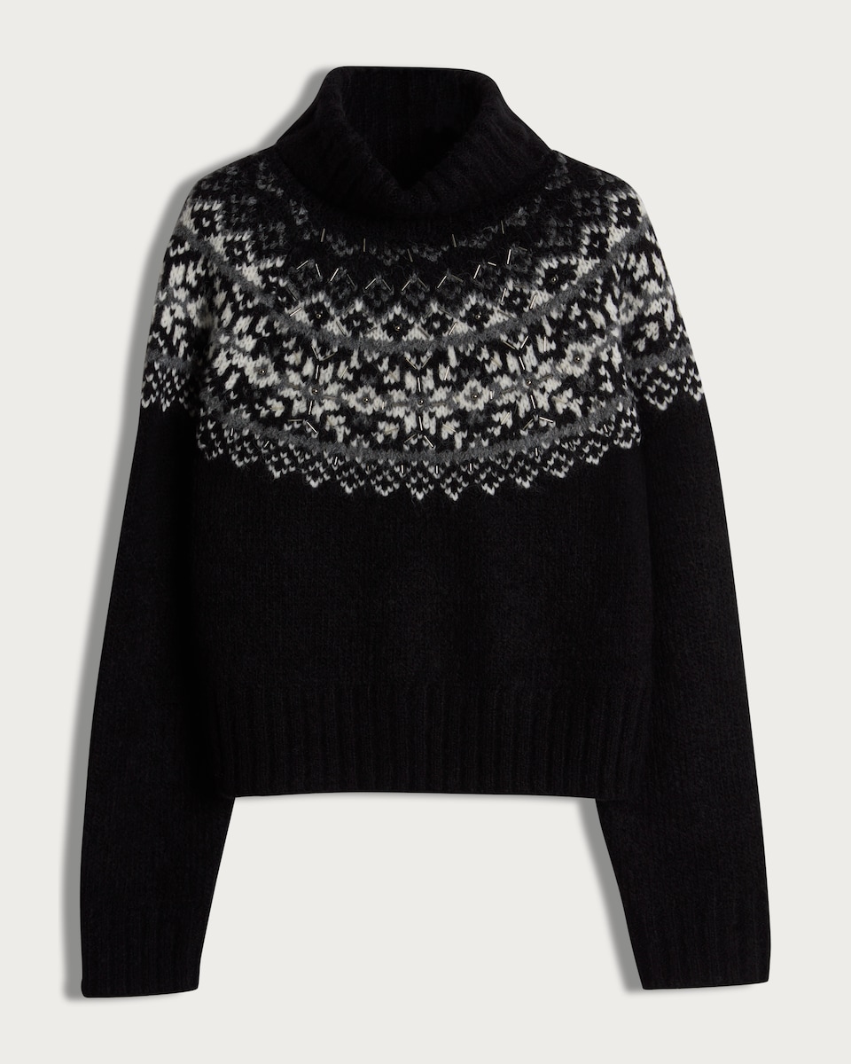 image 1 of F&F Knitted Fair Isle Pattern Roll Neck Jumper with Wool in Black