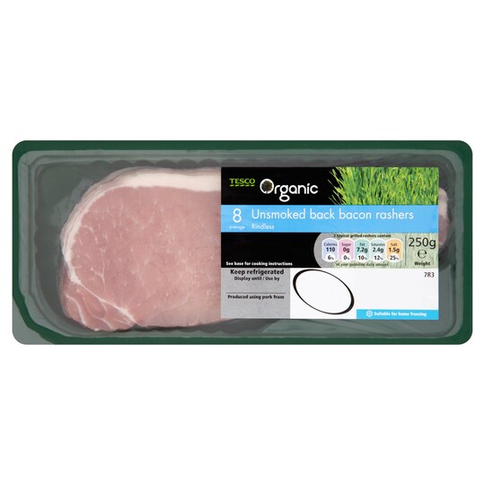 TESCO UNSMOKED ORG RINDLESS BACK BACON 200G Tesco Groceries