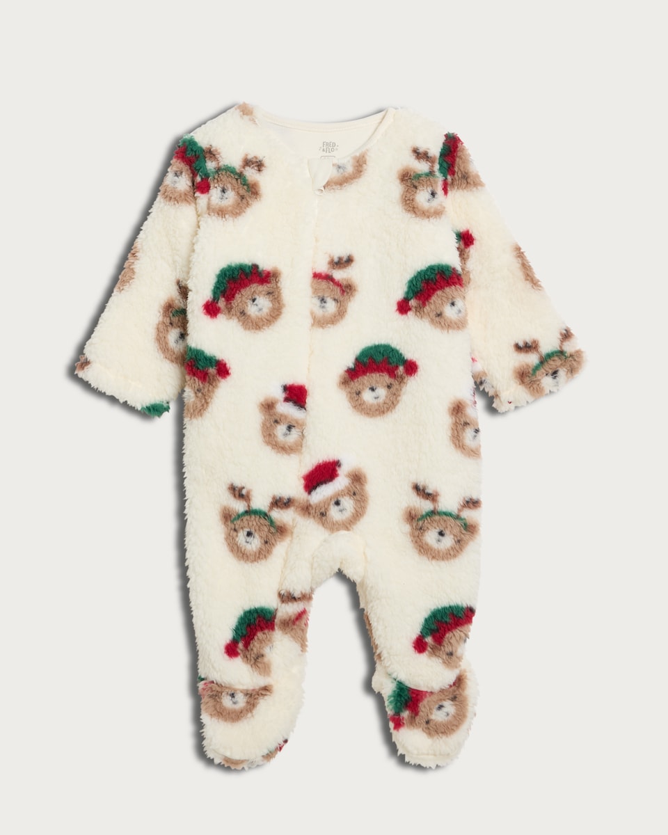 image 1 of F&F Baby Fleece Teddy Bear Christmas Sleepsuit in White