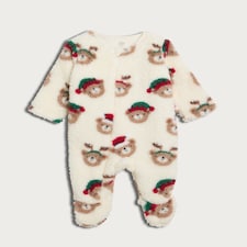 F&F Baby Fleece Teddy Bear Christmas Sleepsuit in White