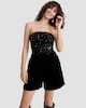 image 2 of F&F Faux Velvet Sequin Embellished Bandeau Bodysuit in Black