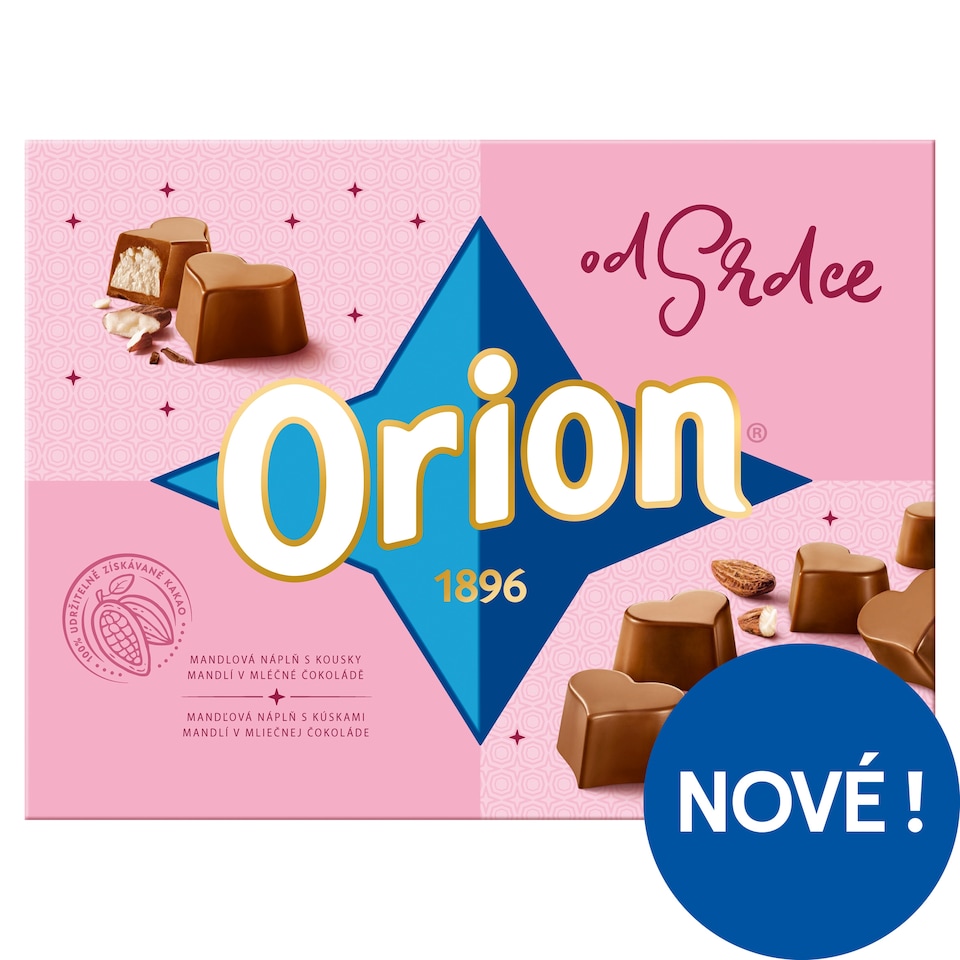 ORION Od Srdce pralinky s mandlovou náplní a kousky mandlí v mléčné čokoládě 142g