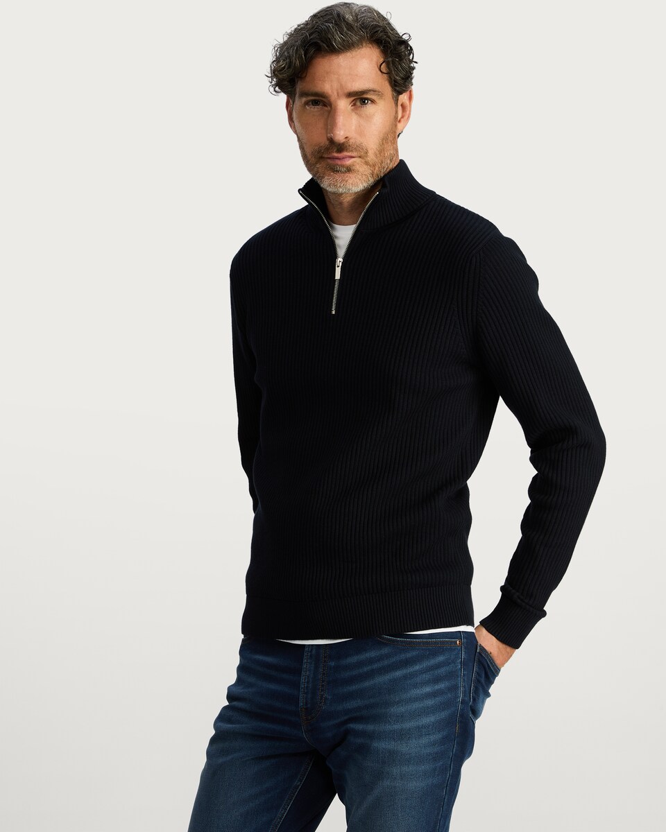 image 1 of F&F Pure Cotton Ribbed Half Zip Jumper in Navy