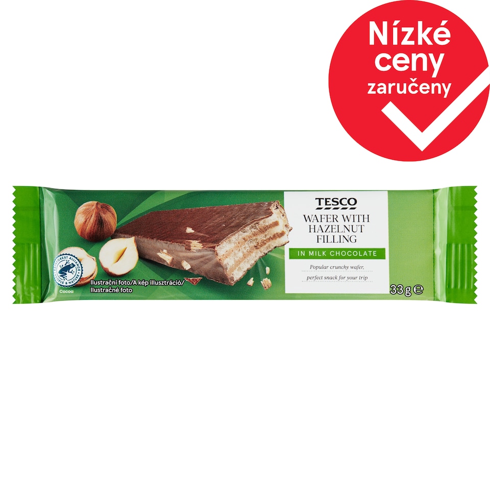 Tesco Oplatka s náplní s lískovými ořechy a arašídy v mléčné čokoládě 33g