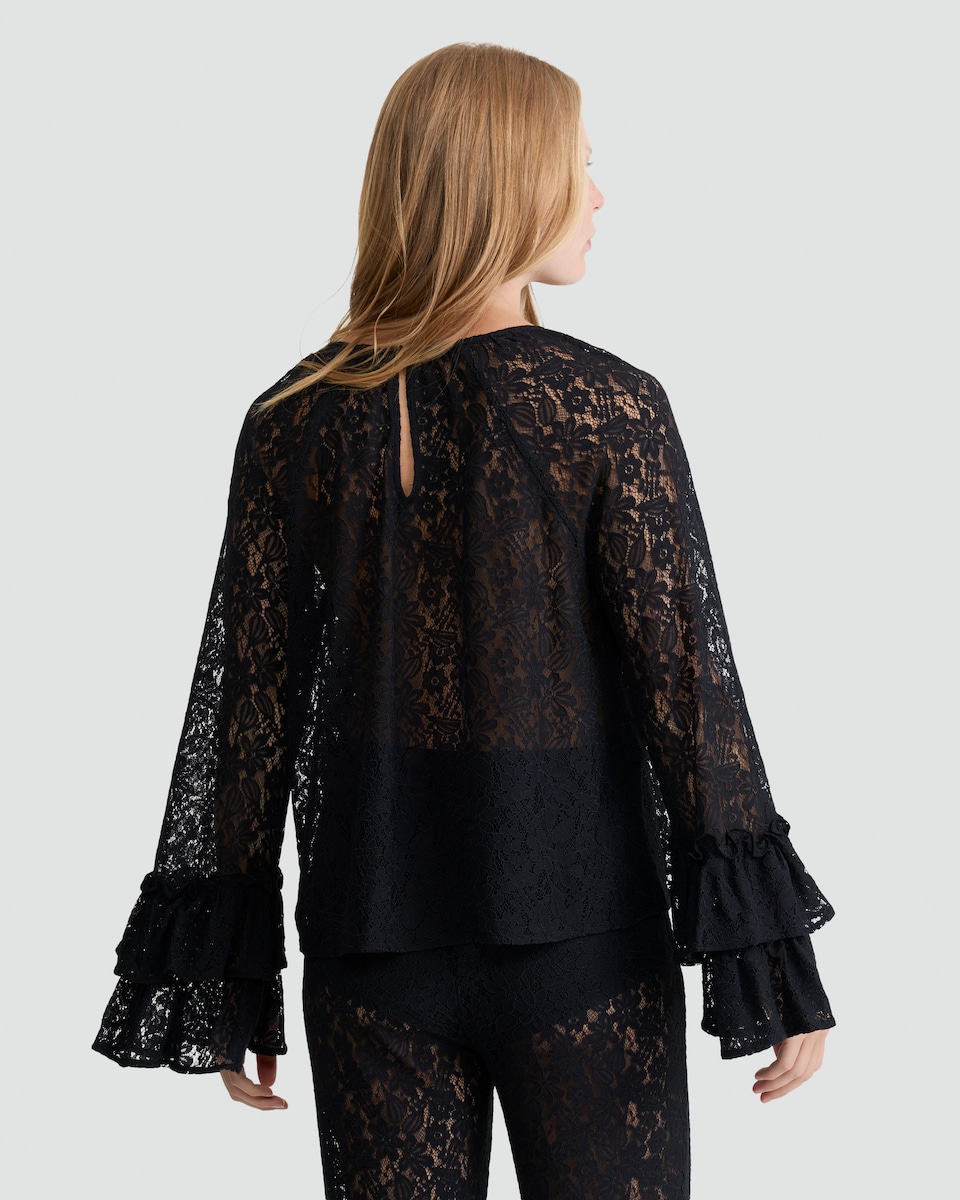 image 1 of F&F Lace Tiered Bell Sleeve Top in Black