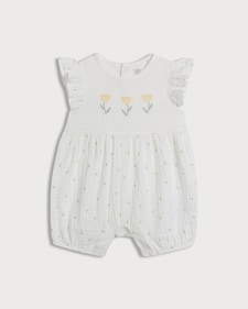 F&F Baby Pure Cotton Textured Floral Embroidered Romper in White