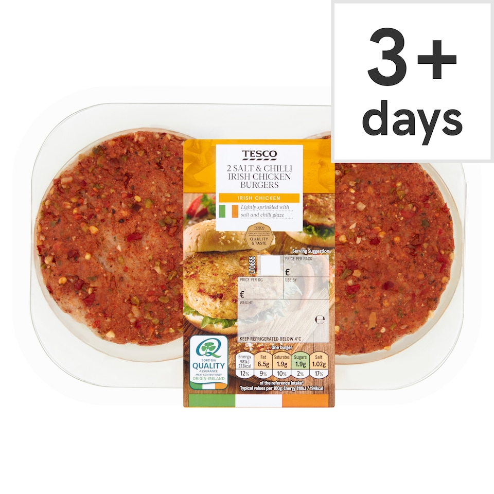 Tesco 2 Salt And Chilli Irish Chicken Burgers 360G