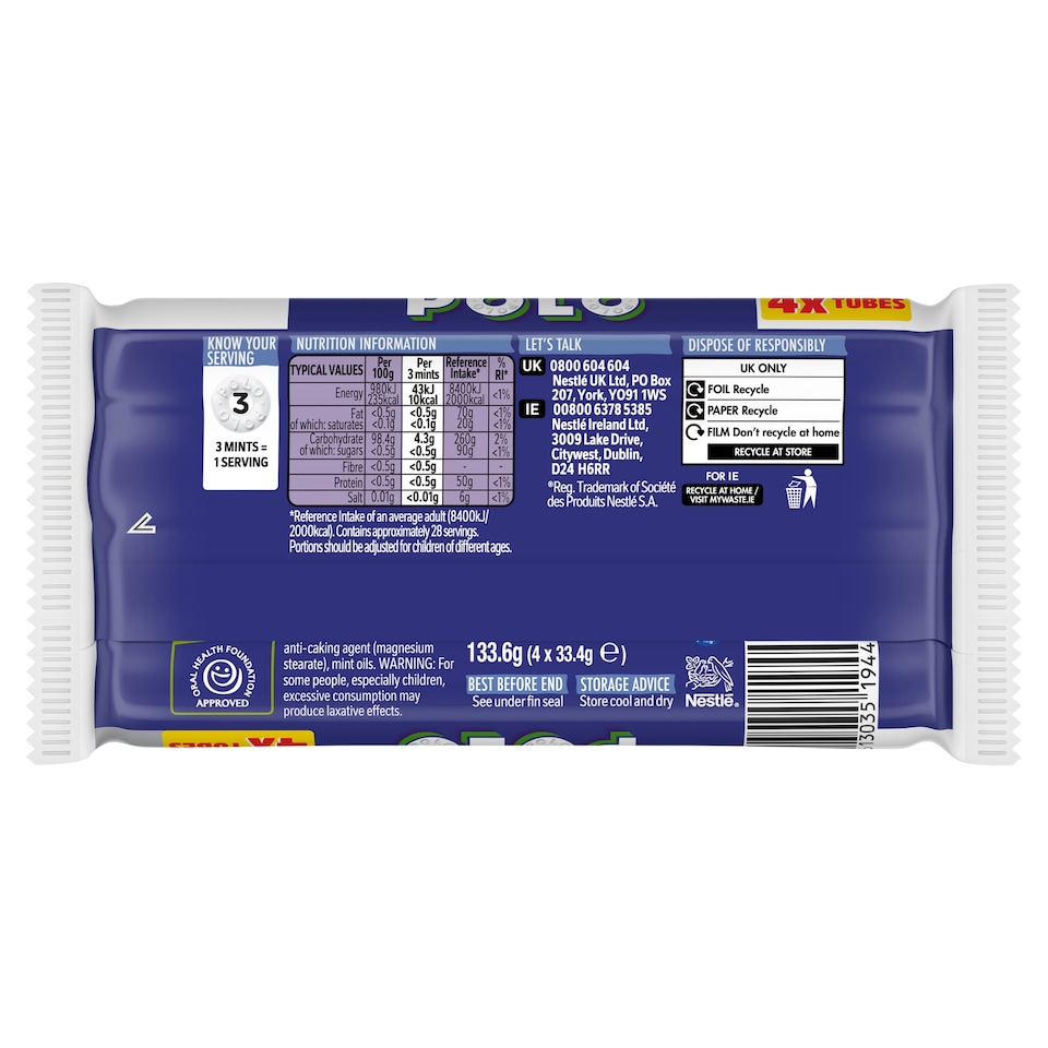 image 1 of Polo Sugar Free Mint Tube Multipack 33.4g 4 Pack