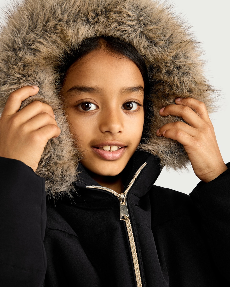 image 1 of F&F Girls Shower Resistant Faux Fur Trim Hooded Puffer Coat in Black