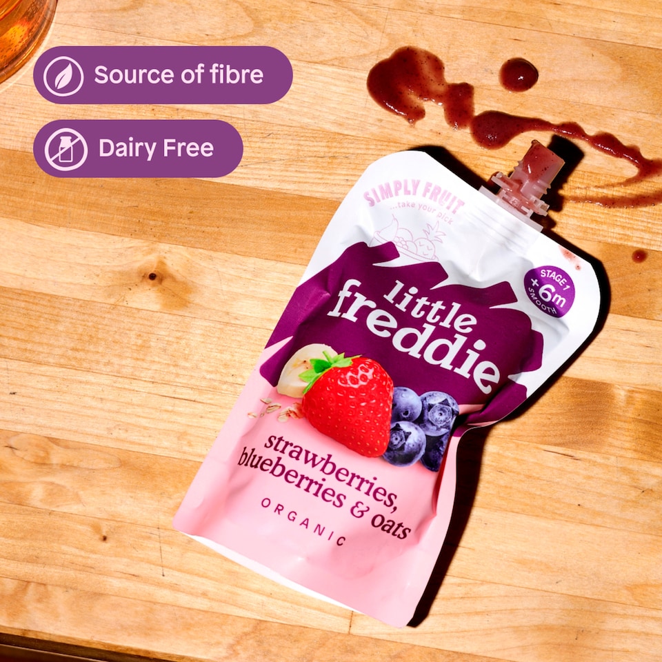 image 1 of Little Freddie Organic Strawberries, Blueberries & Oats Baby Food Pouch 6+ Months 100g