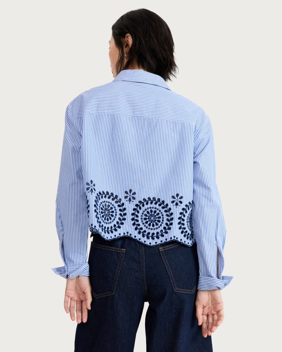 image 1 of F&F Pure Cotton Poplin Stripe Embroidered Scallop Hem Shirt in Multi Blue