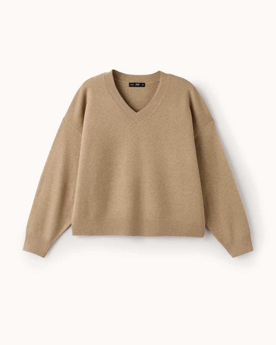 image 1 of F&F V Neck Knitted Jumper in Camel
