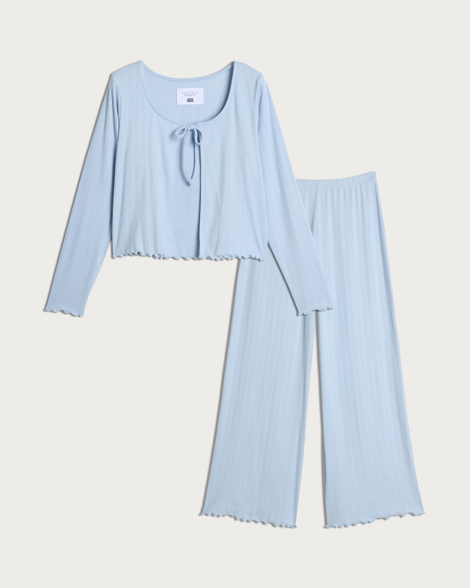 image 1 of F&F 3-Piece Ribbed Pointelle Cardigan, Cami and Trousers Pyjamas in Blue