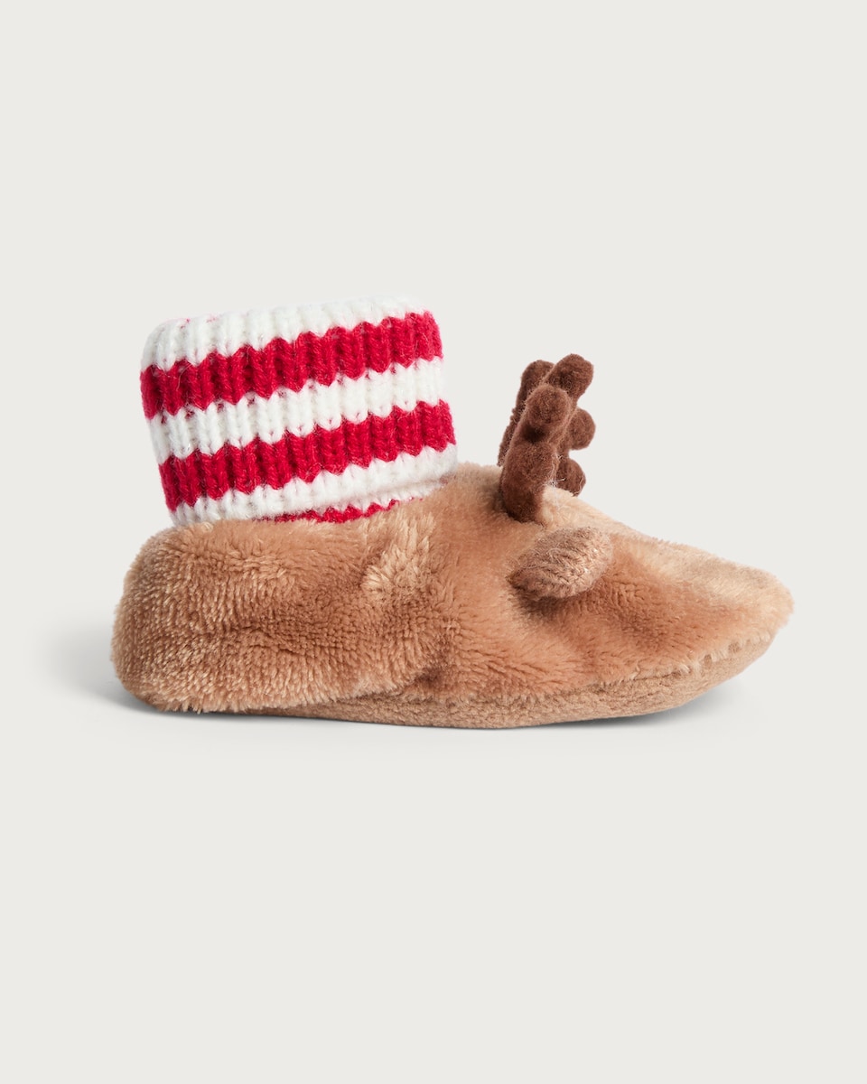 image 1 of F&F Baby Fleece Reindeer Ribbed Booties in Multi
