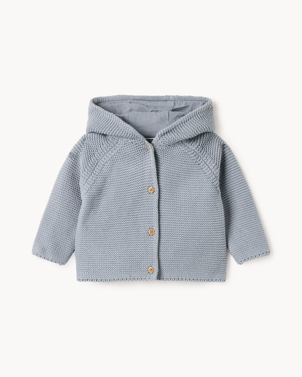 image 1 of F&F Baby Pure Cotton Knitted Hooded Cardigan in Blue