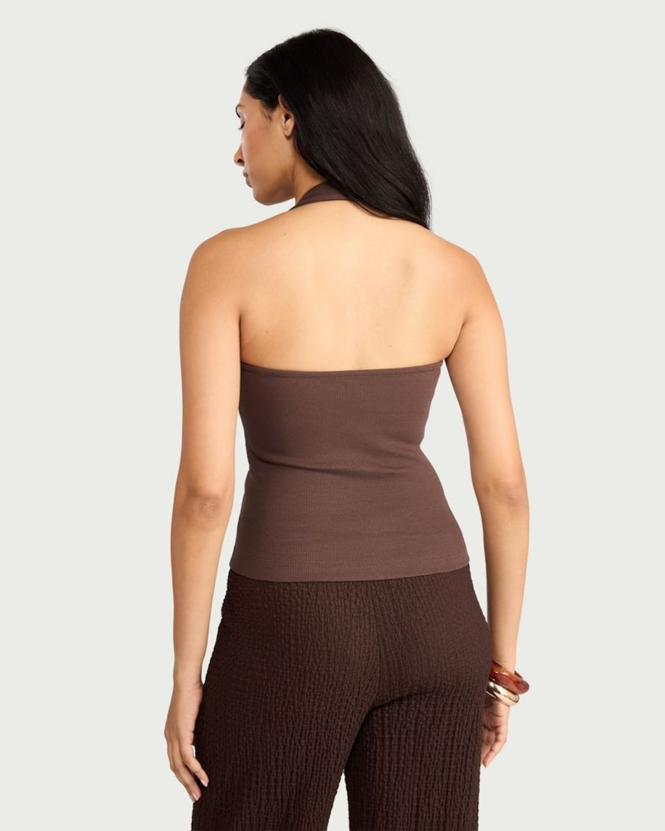 image 1 of F&F Cotton Rich Halter Neck Top in Brown