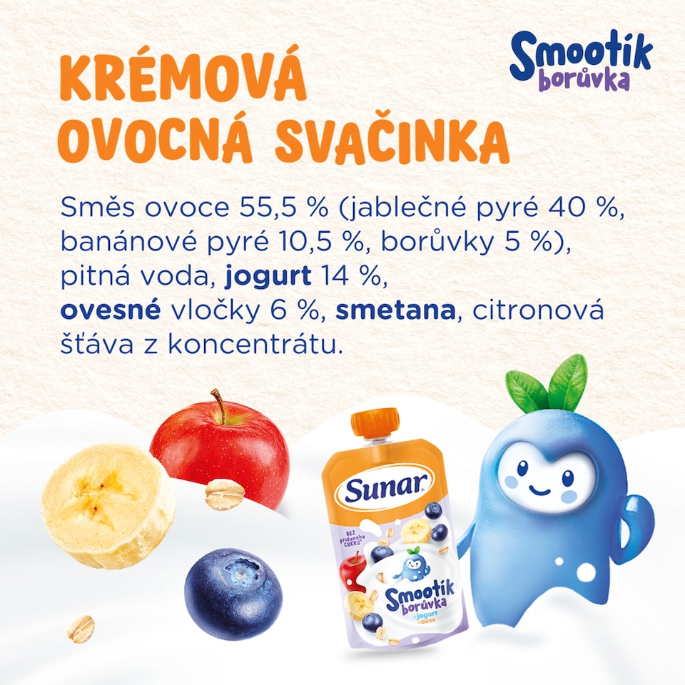 Obrázek 1 pro produkt Sunar Smootík dětská kapsička borůvka, jogurt, ovesné vločky 12m+, 120g