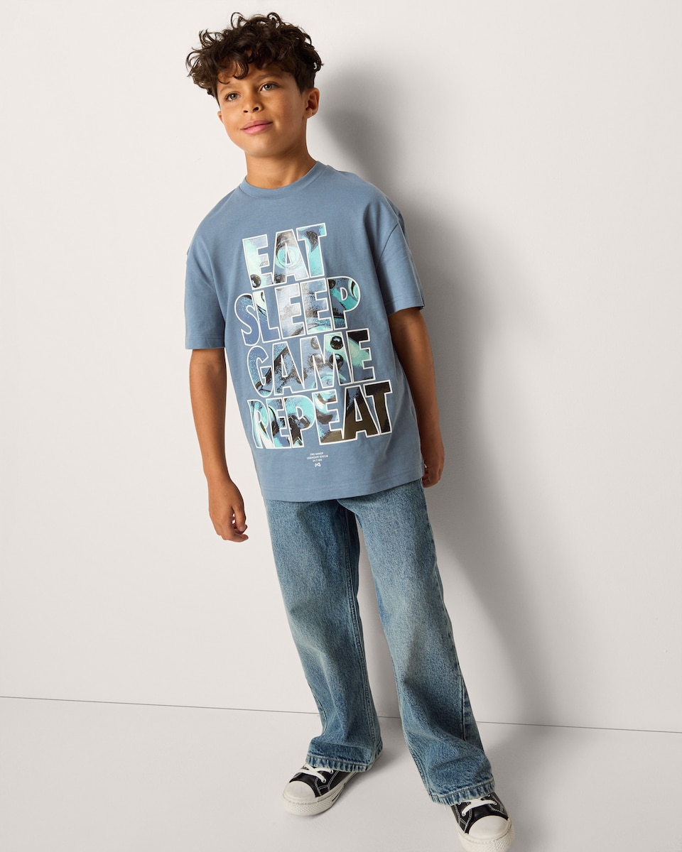 image 1 of F&F Boys Pure Cotton Slogan T-Shirt in Blue