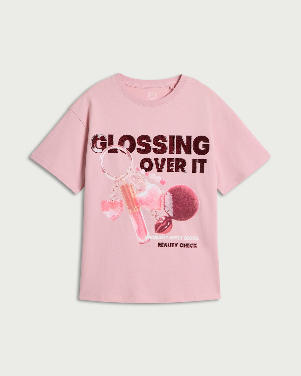 image 1 of F&F Girls Pure Cotton Slogan T-Shirt in Pink