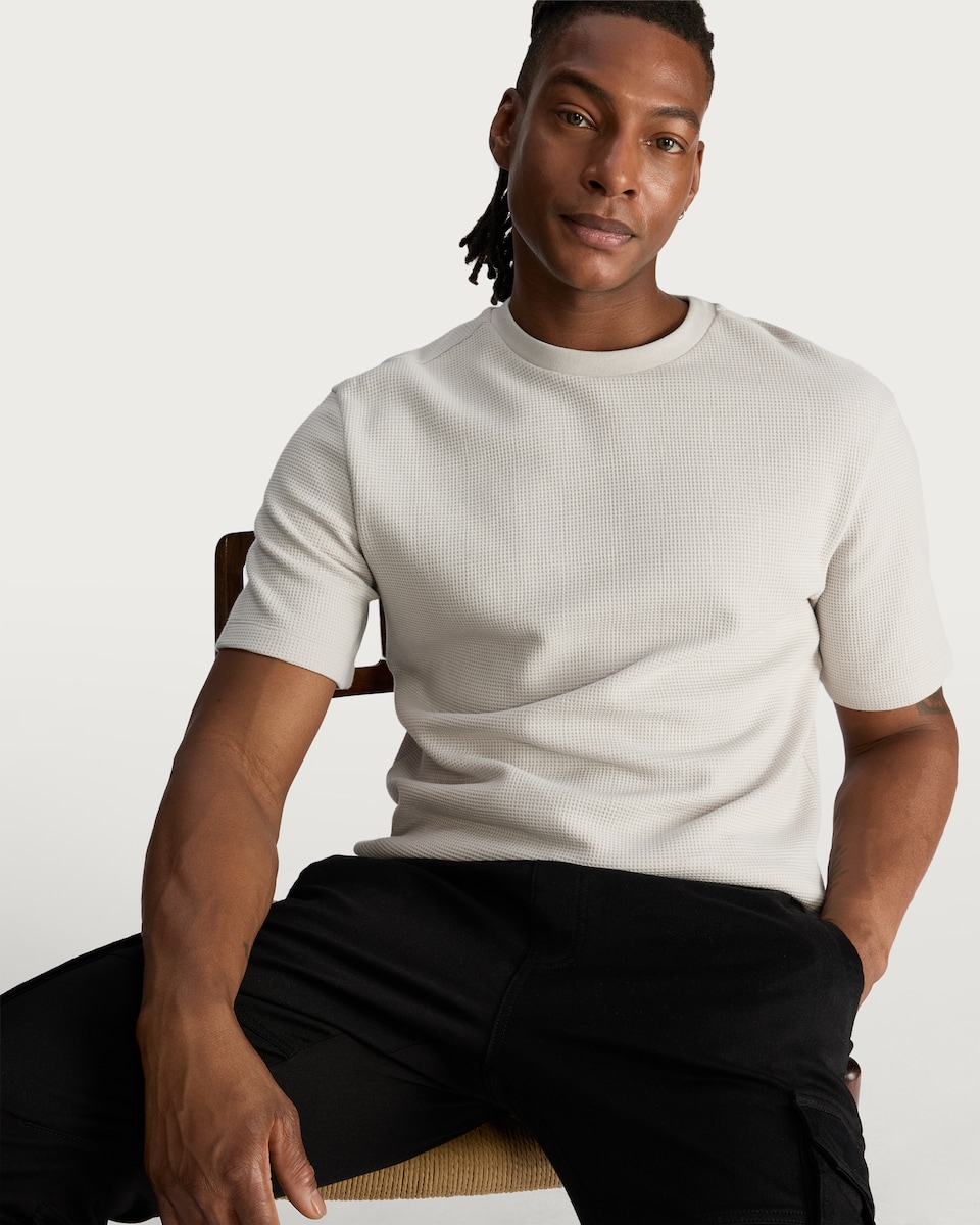 image 1 of F&F Pure Cotton Waffle Textured Regular Fit T-Shirt in Grey