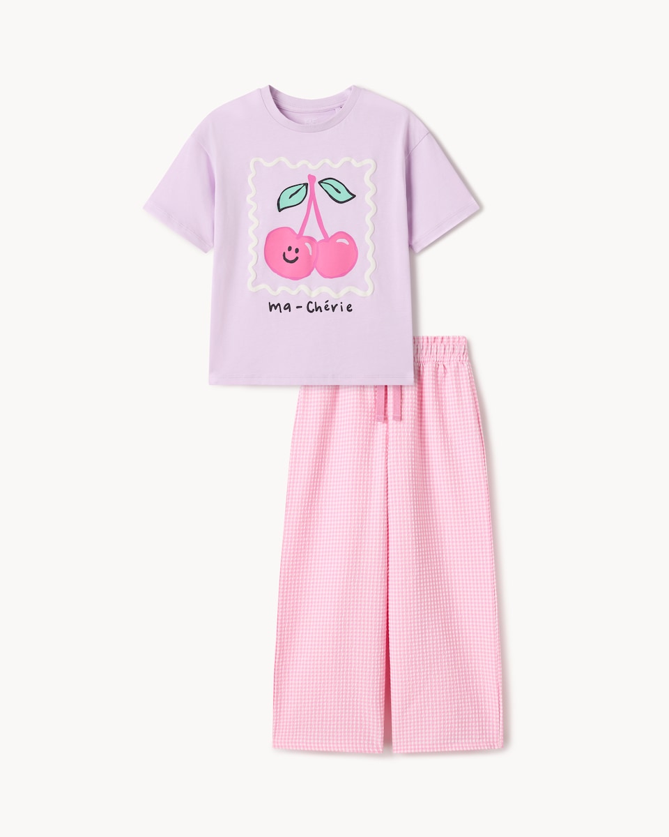 image 1 of F&F Girls 2-Piece Gingham Cherry Set in Multi Pink