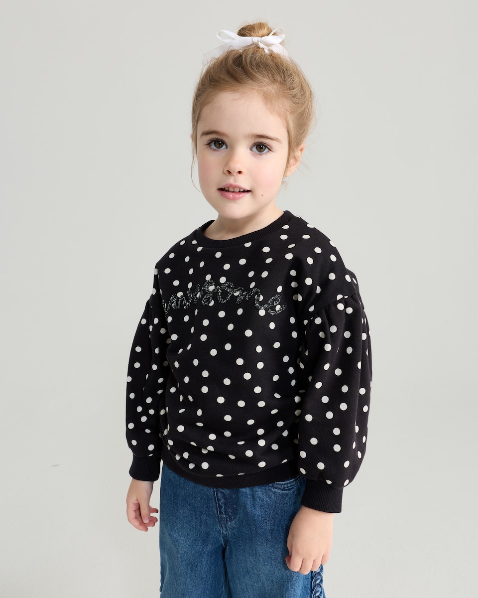 image 1 of F&F Girls Cotton Rich Polka Dot Awesome Slogan Sweatshirt in Multi Black White