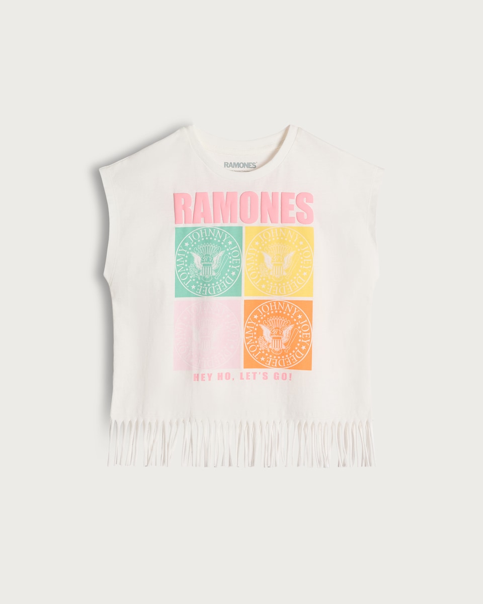 image 1 of Ramones Pure Cotton Slogan Fringe Tank Top in Cream