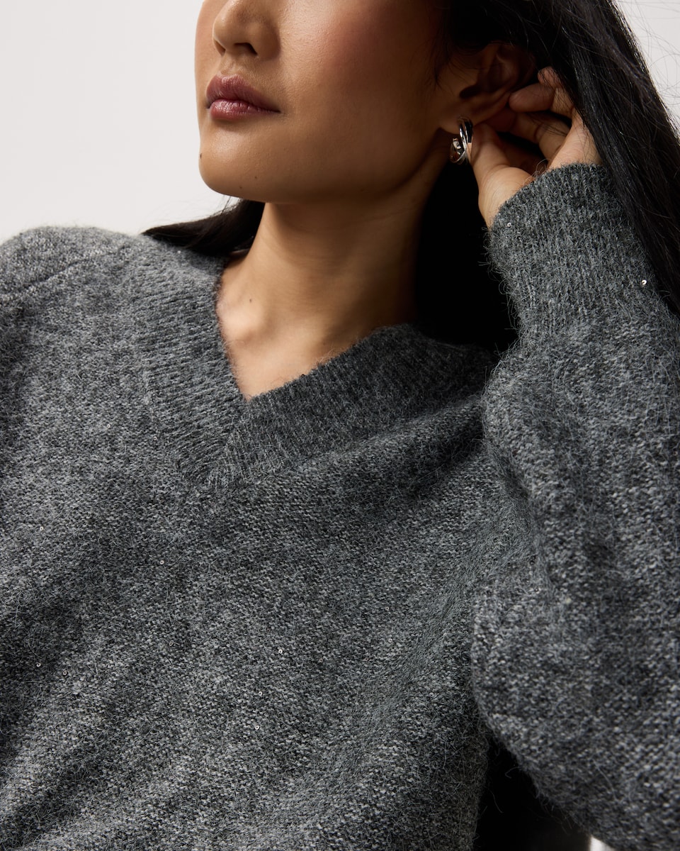 image 1 of F&F Sparkle V Neck Jumper in Grey