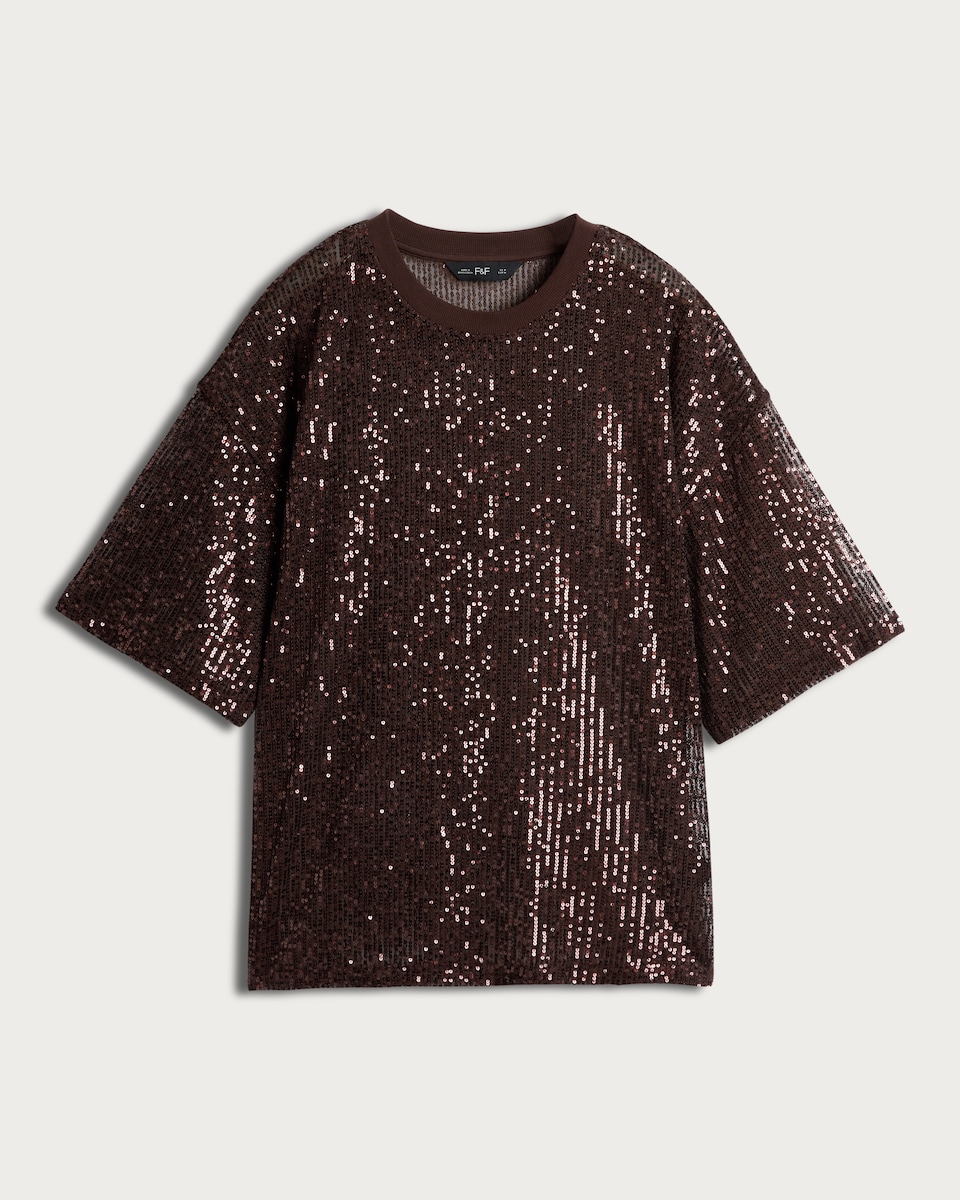image 1 of F&F Sequin Embellished Boxy Short Sleeved Top in Brown