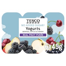Tesco No Added Sugar Berries, Apple & Cherry Yogurts 6x45g 