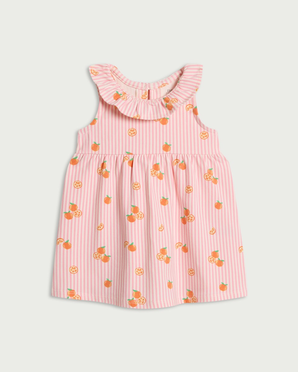image 1 of F&F Baby Cotton Rich Striped Fruit Print Dress in Pink