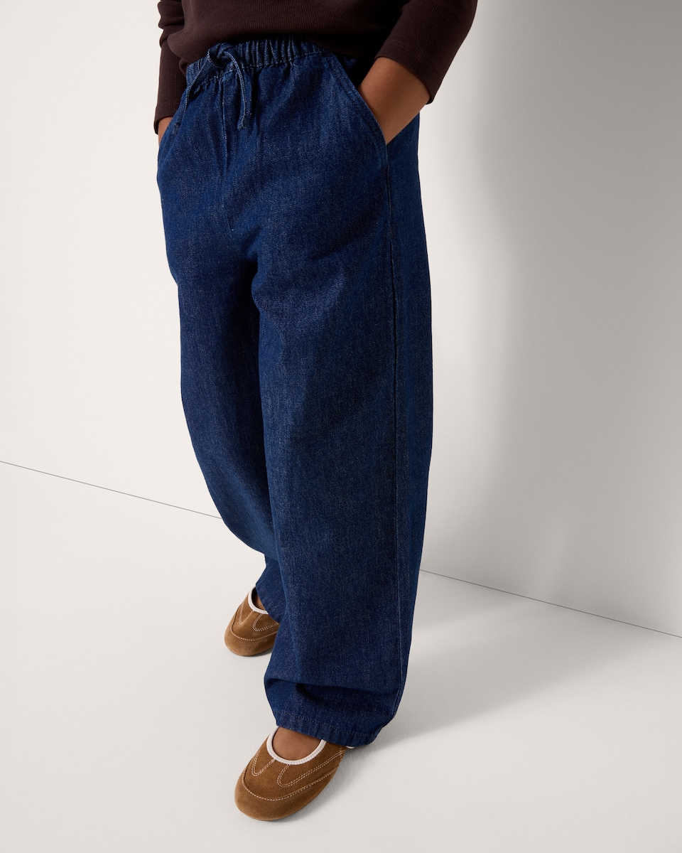 image 1 of F&F Girls Pure Cotton Drawstring Wide Leg Jeans in Blue