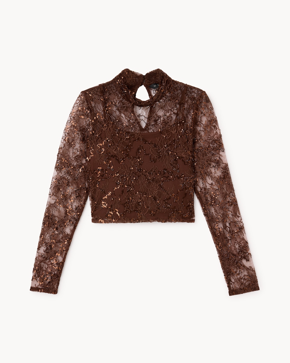 image 1 of F&F Beaded Lace Co-ord Top in Chocolate