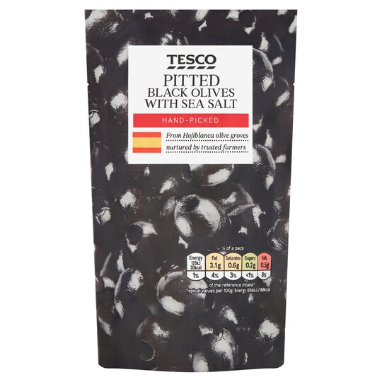 Tesco Pitted Black Olives & Sea Salt 70G Tesco Groceries