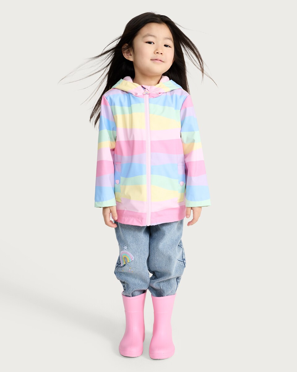 image 1 of F&F Girls Rainbow Stripe Hooded Raincoat in Multi