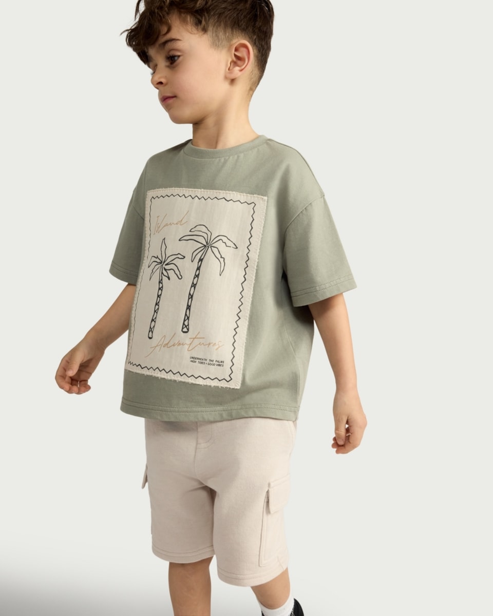 image 1 of F&F Boys 2-Piece Island Adventures T-Shirt and Cargo Shorts Set in Khaki
