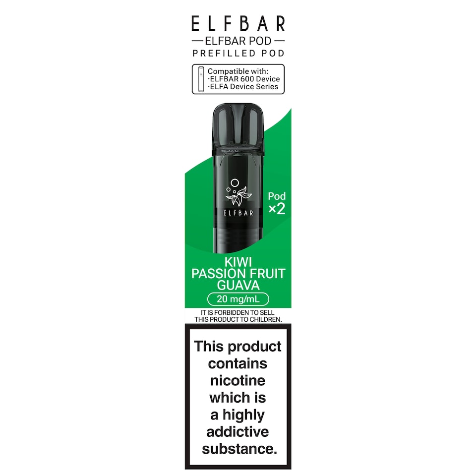 Elf Bar 600 Refillable Pod Kiwi Passionfruit Guava 20mg/ml 2 x 2ml