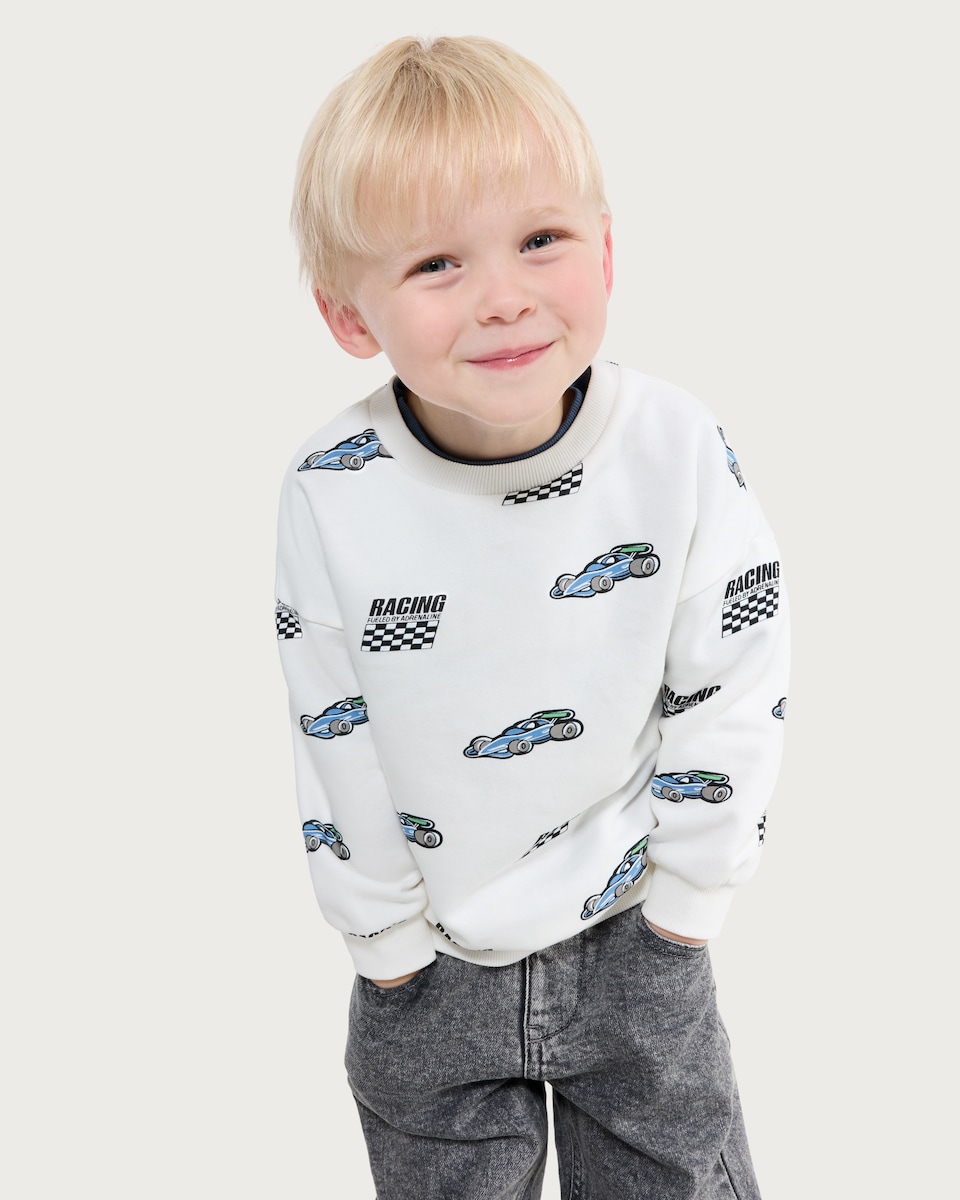 image 1 of F&F Boys Cotton Rich Racing Car Print Sweatshirt in Cream