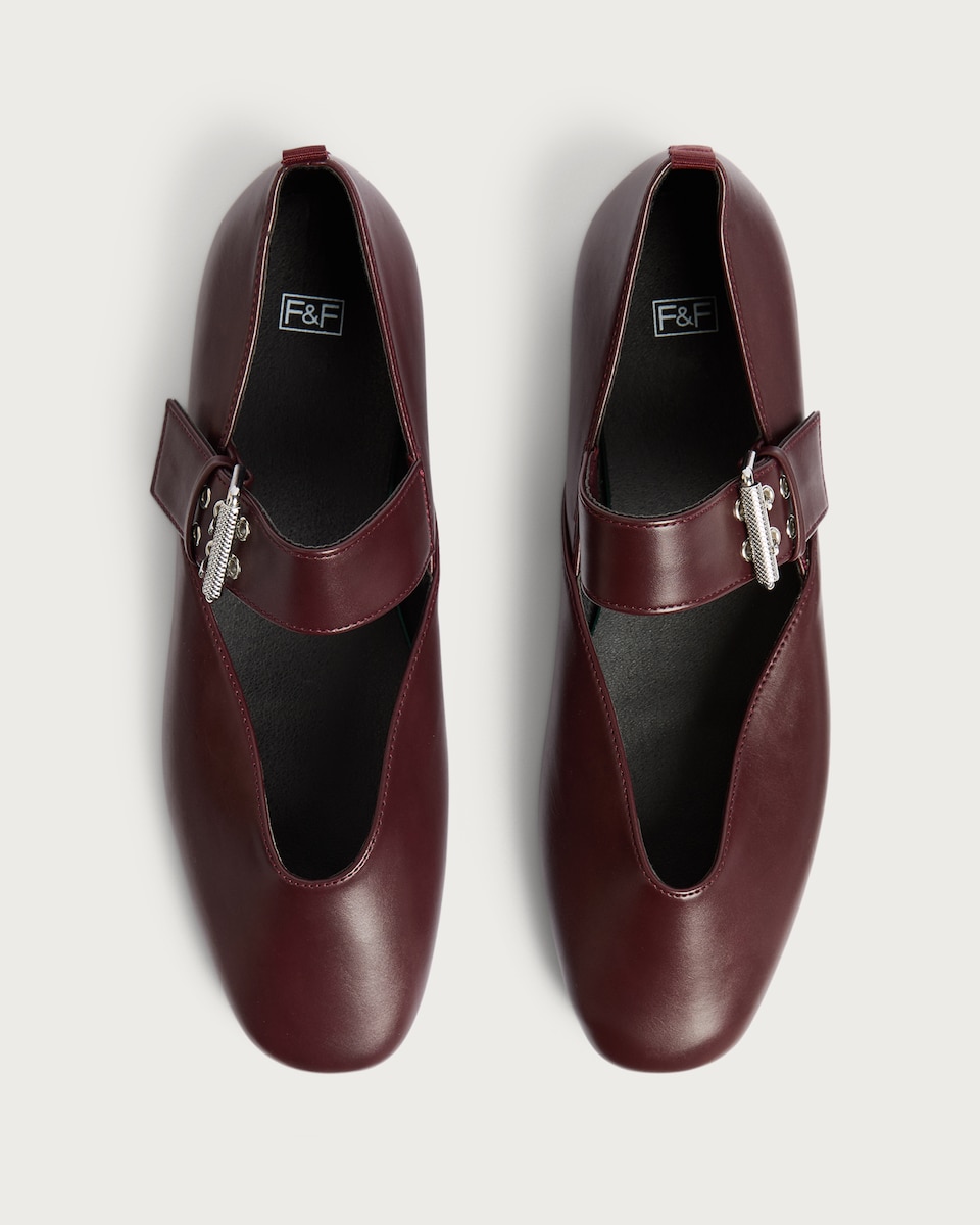 image 1 of F&F Buckle Strap Mary Jane Ballet Flats in Burgundy