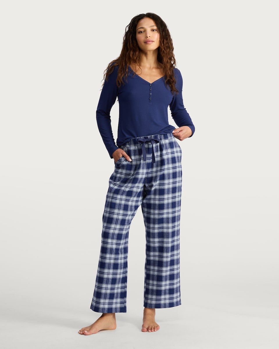 image 1 of F&F Henley Top and Check Print Bottoms Pyjama Set in Blue