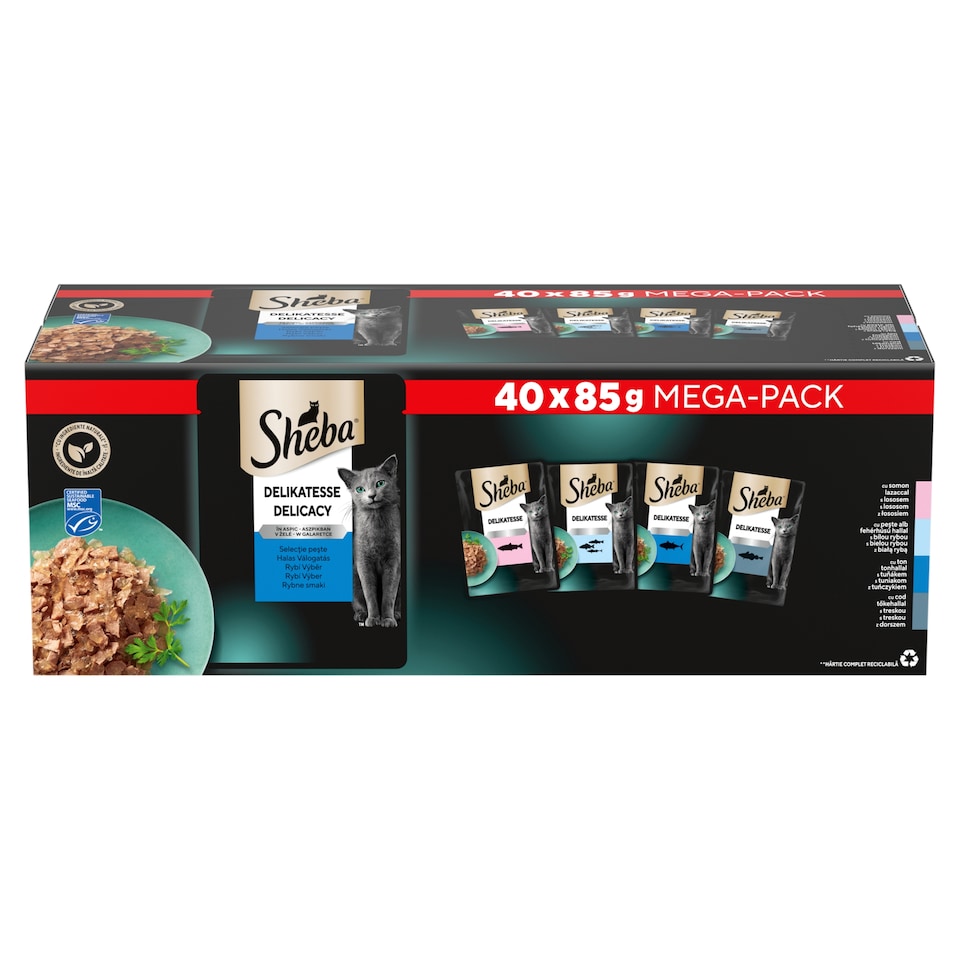 Sheba Delicatesse teljes értékű nedves eledel felnőtt macskáknak halas válogatás 40 x 85 g (3,4 kg) 